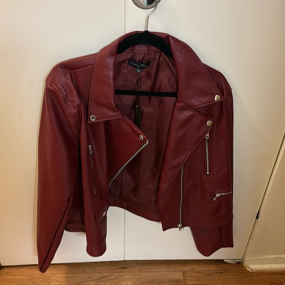 Burgundy faux plus size leather jacket